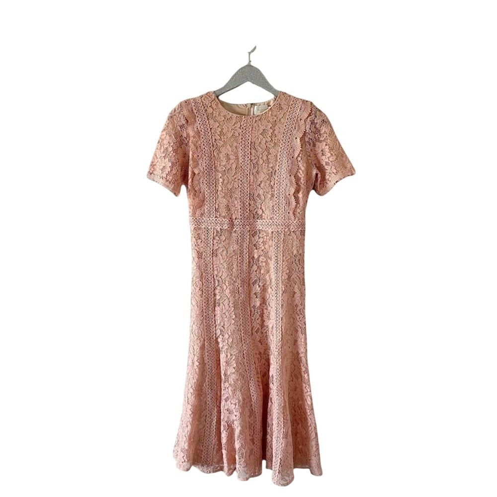 Champagne & Strawberry Pink Lace Short Sleeve Midi Dress NEW